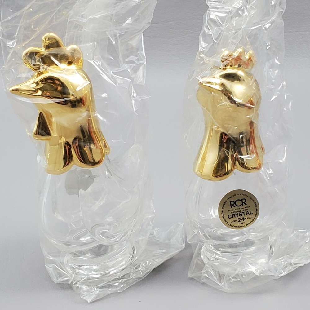 Rooster Hen Salt & Pepper Shakers Royal Crystal Rock RCR Crystal Gold Italy